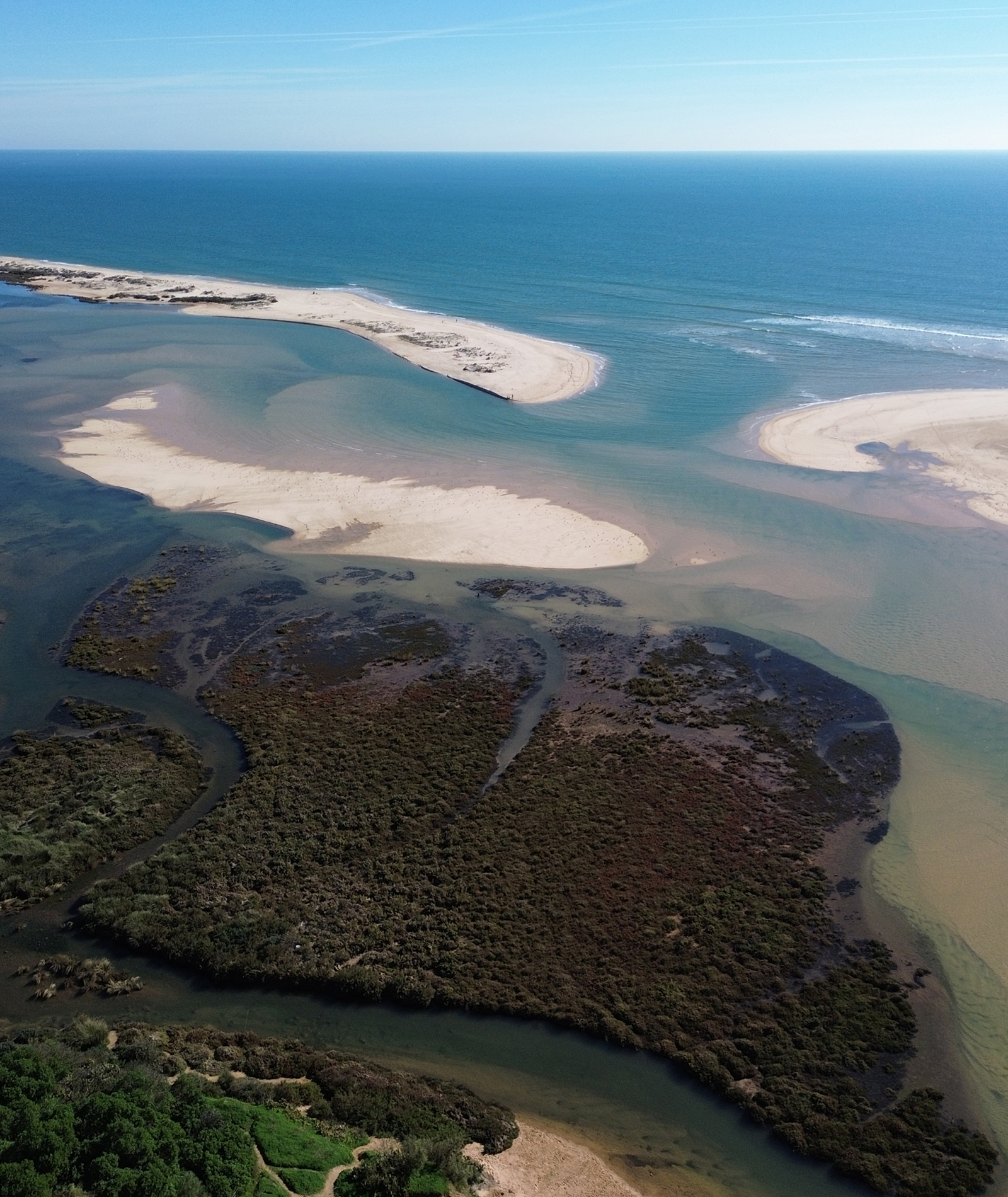 An aerial view of Ria Formosa, showcasing the lagoon and surrounding landscapes.